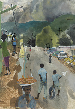 Painting 'Early morning by the motor park'.